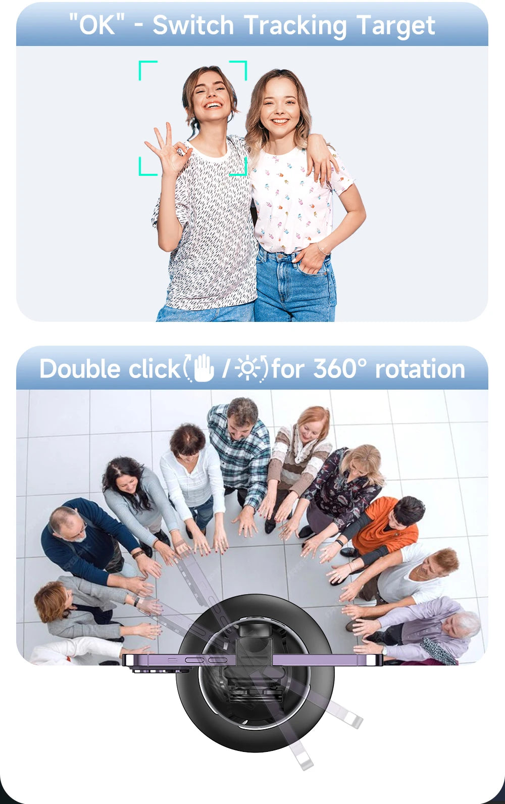 Stabilisateur à 360° avec suivi automatique intelligent du visage, support de téléphone portable, trépied pour appareil photo, smartphone, vidéo, vlog, live