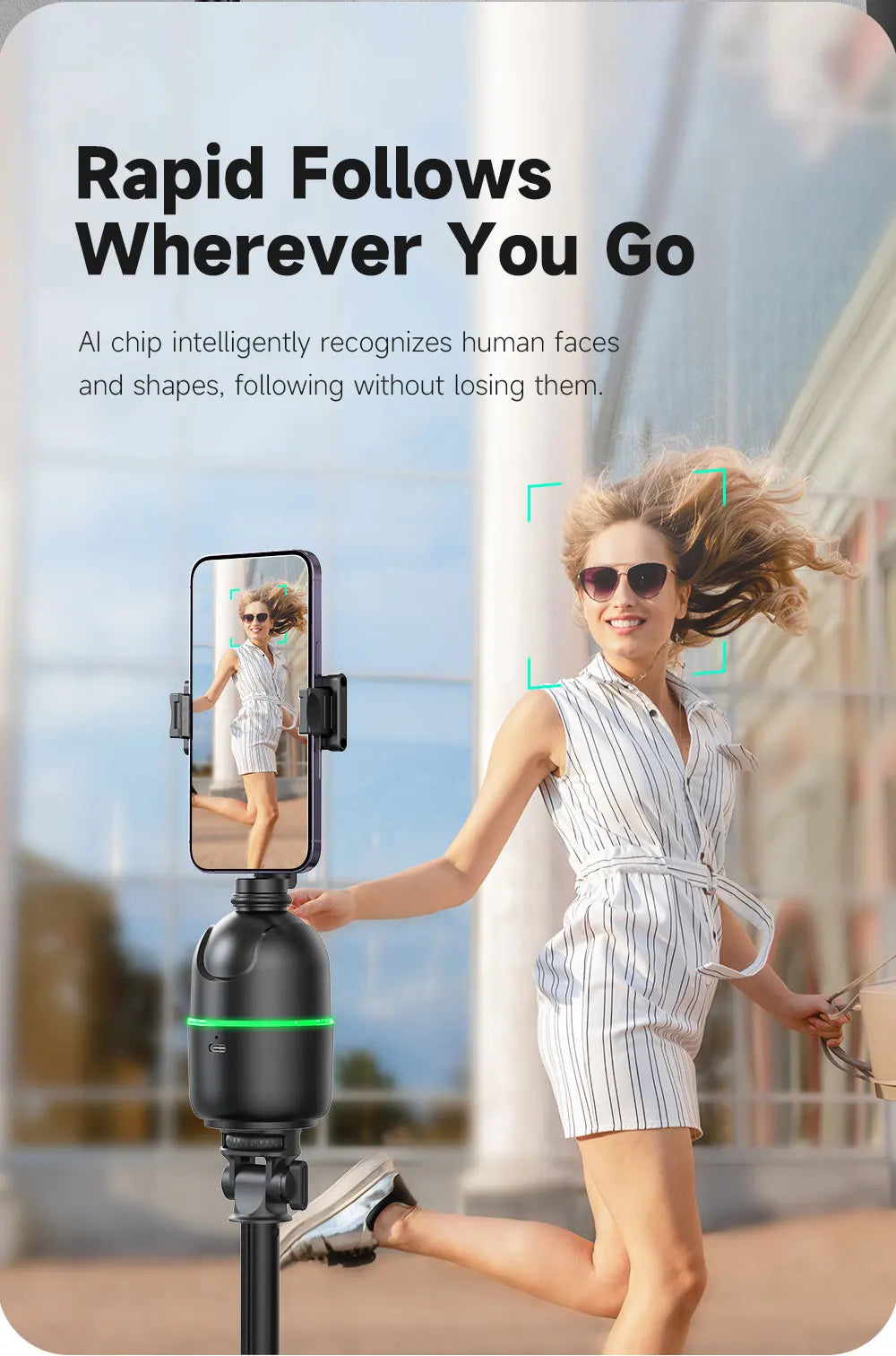 Stabilisateur à 360° avec suivi automatique intelligent du visage, support de téléphone portable, trépied pour appareil photo, smartphone, vidéo, vlog, live