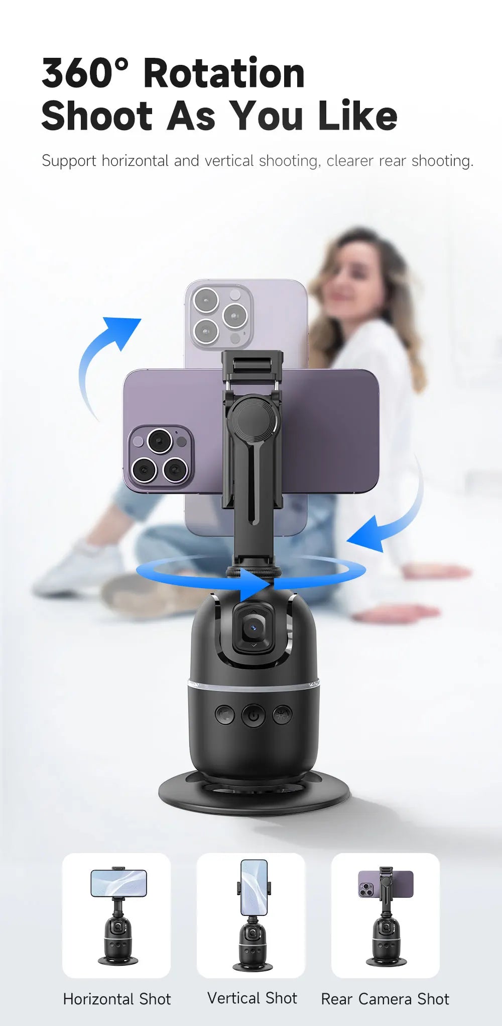 Stabilisateur à 360° avec suivi automatique intelligent du visage, support de téléphone portable, trépied pour appareil photo, smartphone, vidéo, vlog, live
