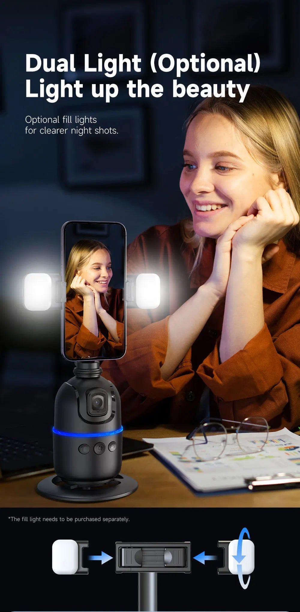 Stabilisateur à 360° avec suivi automatique intelligent du visage, support de téléphone portable, trépied pour appareil photo, smartphone, vidéo, vlog, live