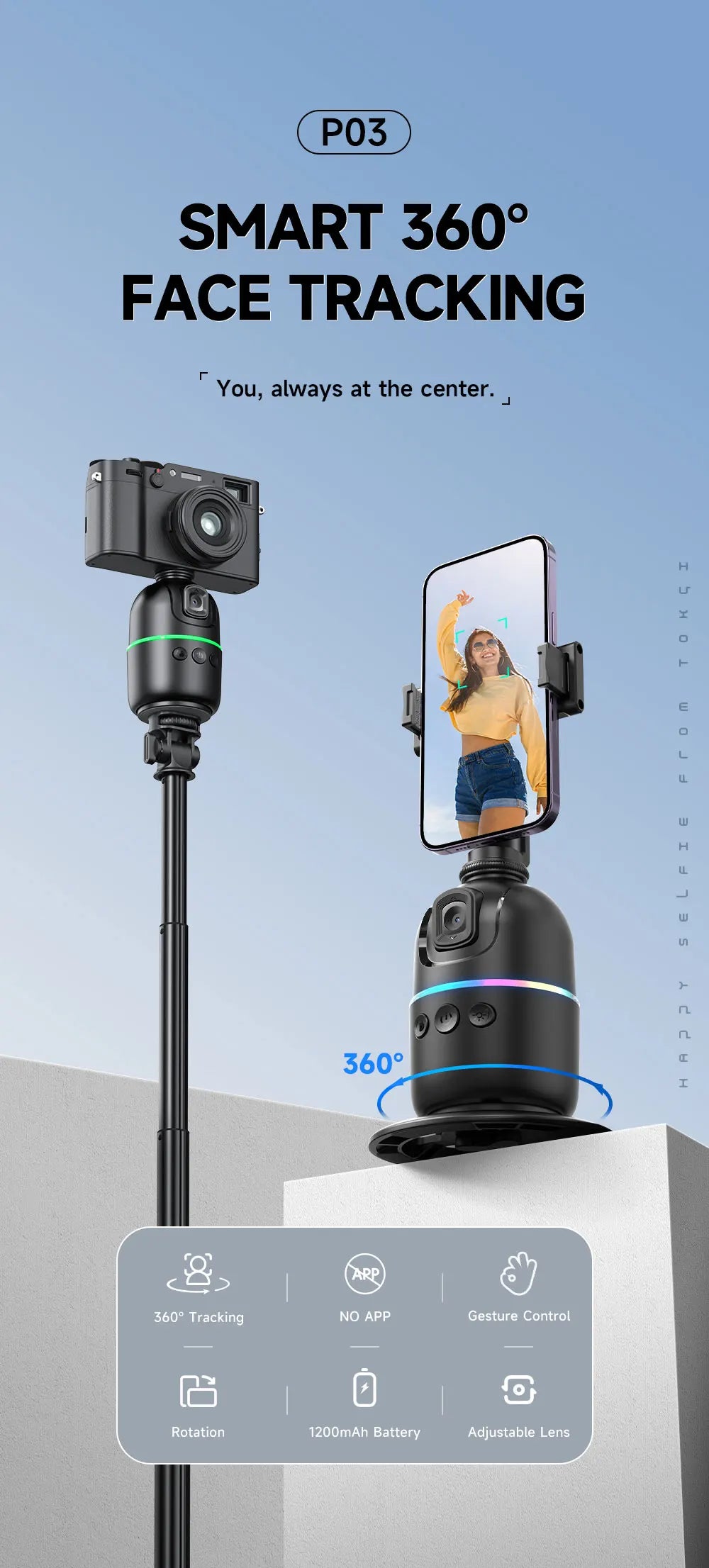 Stabilisateur à 360° avec suivi automatique intelligent du visage, support de téléphone portable, trépied pour appareil photo, smartphone, vidéo, vlog, live