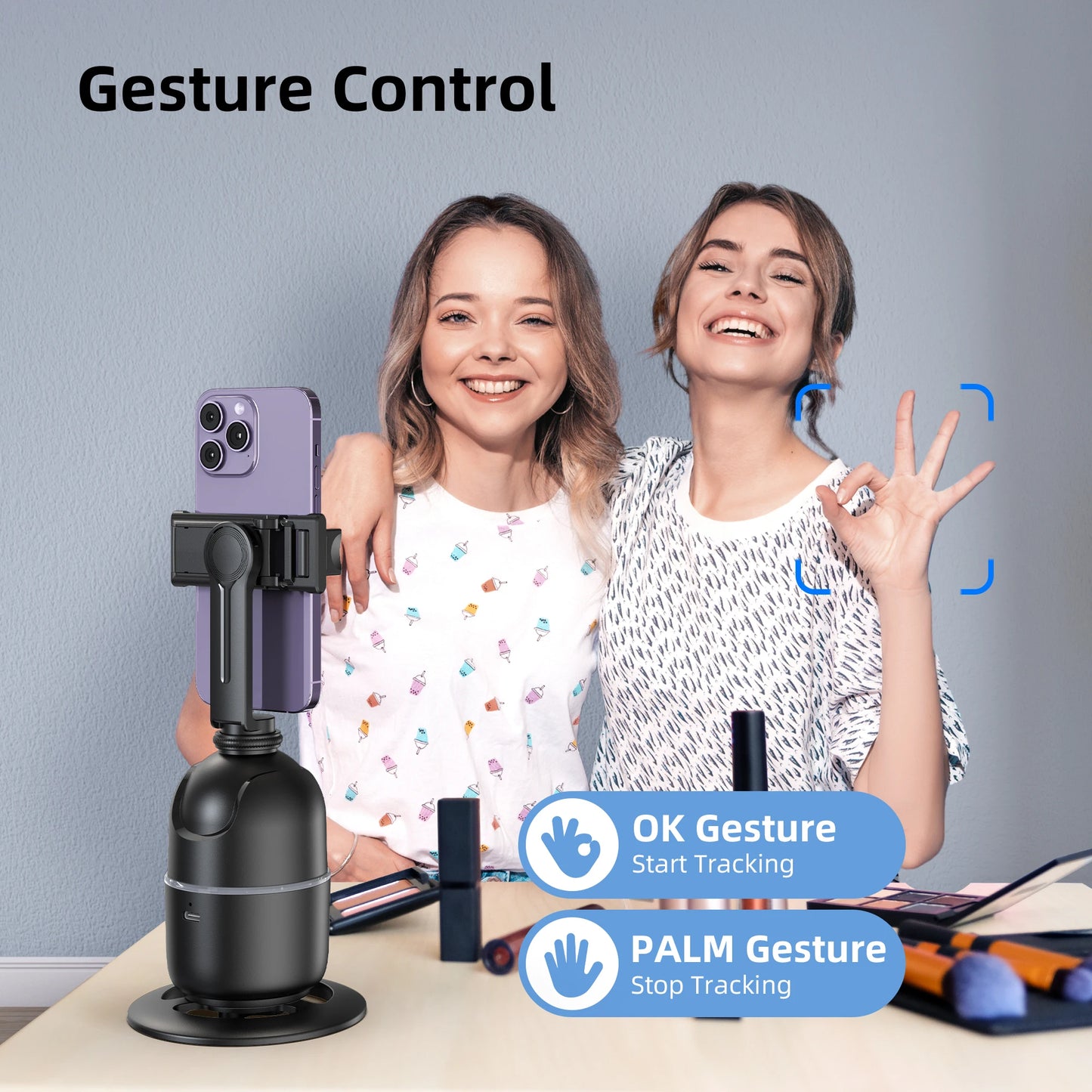 Stabilisateur à 360° avec suivi automatique intelligent du visage, support de téléphone portable, trépied pour appareil photo, smartphone, vidéo, vlog, live